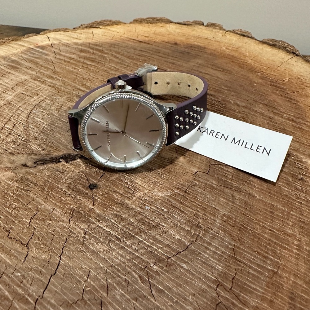 Karen Millen Silver Dial Watch with Purple Studded Strap